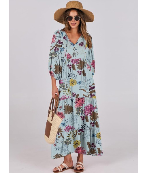 ANRABESS Womens Boho Maxi Dresses 2025 Summer V Neck Puff Sleeve Floral Flowy Swing Fall Casual Long Dress