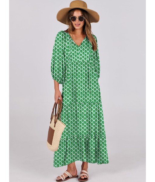 ANRABESS Womens Boho Maxi Dresses 2025 Summer V Neck Puff Sleeve Floral Flowy Swing Fall Casual Long Dress