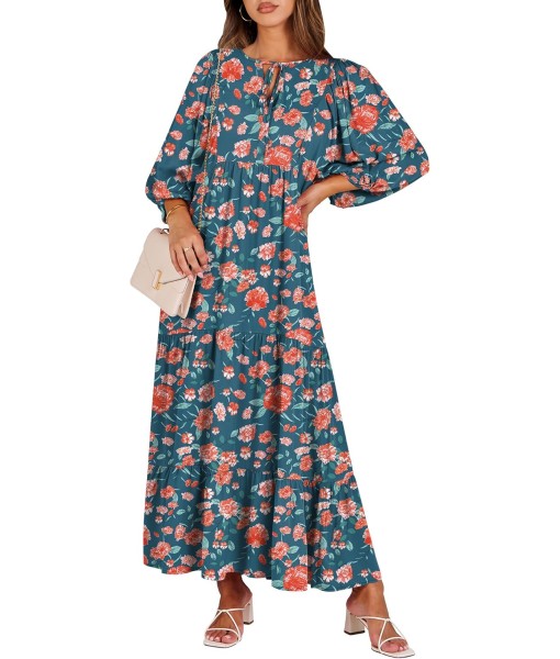 ANRABESS Womens Boho Maxi Dresses 2025 Summer V Neck Puff Sleeve Floral Flowy Swing Fall Casual Long Dress