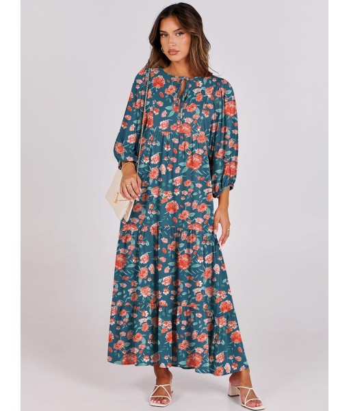 ANRABESS Womens Boho Maxi Dresses 2025 Summer V Neck Puff Sleeve Floral Flowy Swing Fall Casual Long Dress