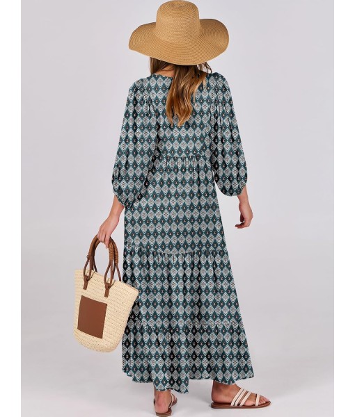 ANRABESS Womens Boho Maxi Dresses 2025 Summer V Neck Puff Sleeve Floral Flowy Swing Fall Casual Long Dress
