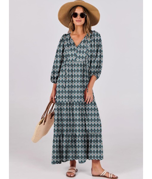 ANRABESS Womens Boho Maxi Dresses 2025 Summer V Neck Puff Sleeve Floral Flowy Swing Fall Casual Long Dress