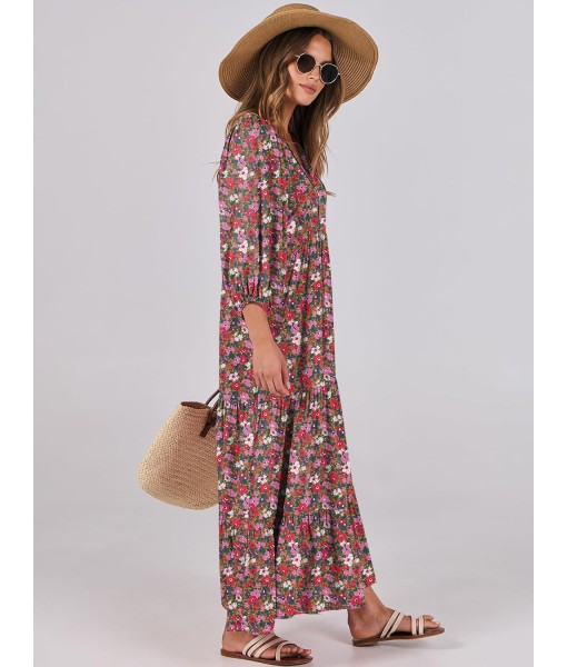 ANRABESS Womens Boho Maxi Dresses 2025 Summer V Neck Puff Sleeve Floral Flowy Swing Fall Casual Long Dress