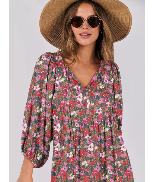ANRABESS Womens Boho Maxi Dresses 2025 Summer V Neck Puff Sleeve Floral Flowy Swing Fall Casual Long Dress