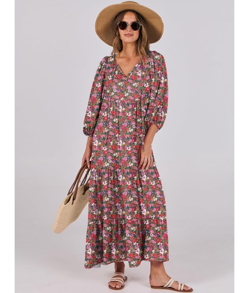 ANRABESS Womens Boho Maxi Dresses 2025 Summer V Neck Puff Sleeve Floral Flowy Swing Fall Casual Long Dress