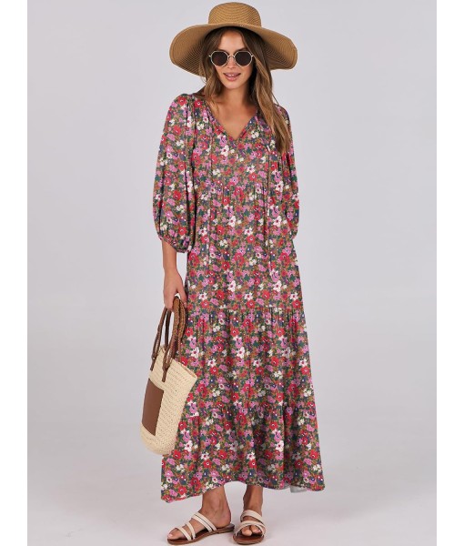 ANRABESS Womens Boho Maxi Dresses 2025 Summer V Neck Puff Sleeve Floral Flowy Swing Fall Casual Long Dress
