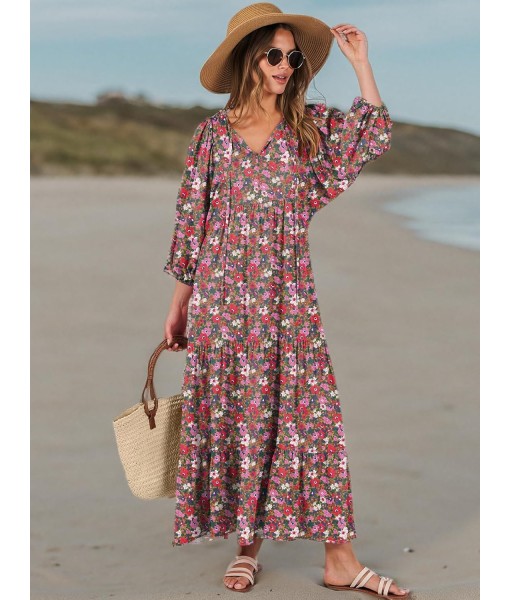ANRABESS Womens Boho Maxi Dresses 2025 Summer V Neck Puff Sleeve Floral Flowy Swing Fall Casual Long Dress