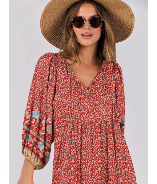 ANRABESS Womens Boho Maxi Dresses 2025 Summer V Neck Puff Sleeve Floral Flowy Swing Fall Casual Long Dress