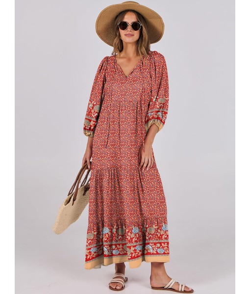 ANRABESS Womens Boho Maxi Dresses 2025 Summer V Neck Puff Sleeve Floral Flowy Swing Fall Casual Long Dress