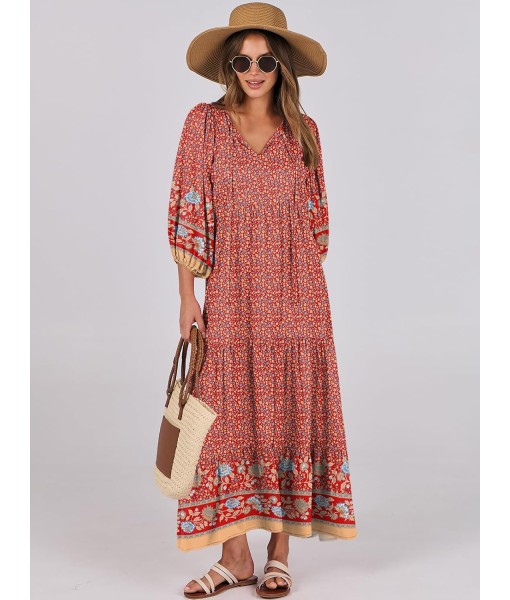 ANRABESS Womens Boho Maxi Dresses 2025 Summer V Neck Puff Sleeve Floral Flowy Swing Fall Casual Long Dress