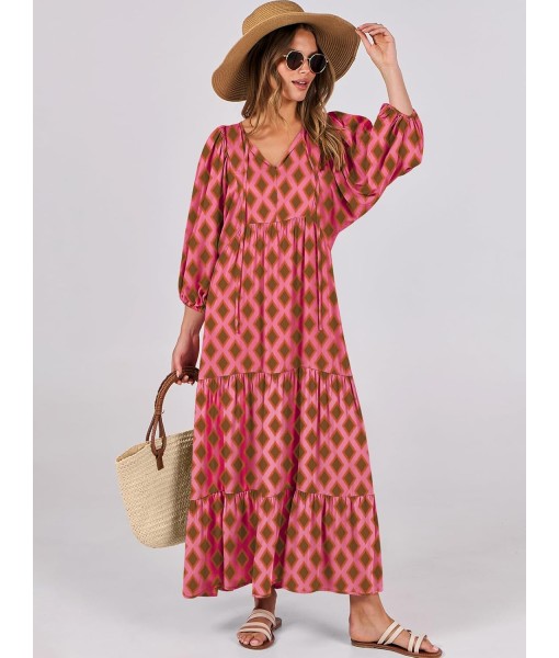 ANRABESS Womens Boho Maxi Dresses 2025 Summer V Neck Puff Sleeve Floral Flowy Swing Fall Casual Long Dress