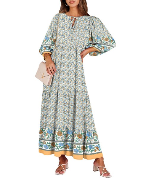 ANRABESS Womens Boho Maxi Dresses 2025 Summer V Neck Puff Sleeve Floral Flowy Swing Fall Casual Long Dress