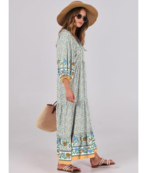 ANRABESS Womens Boho Maxi Dresses 2025 Summer V Neck Puff Sleeve Floral Flowy Swing Fall Casual Long Dress
