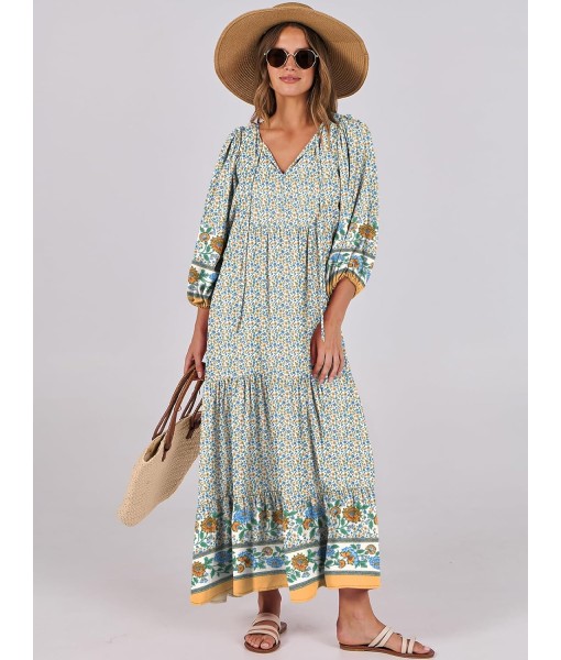 ANRABESS Womens Boho Maxi Dresses 2025 Summer V Neck Puff Sleeve Floral Flowy Swing Fall Casual Long Dress