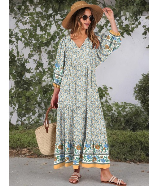 ANRABESS Womens Boho Maxi Dresses 2025 Summer V Neck Puff Sleeve Floral Flowy Swing Fall Casual Long Dress