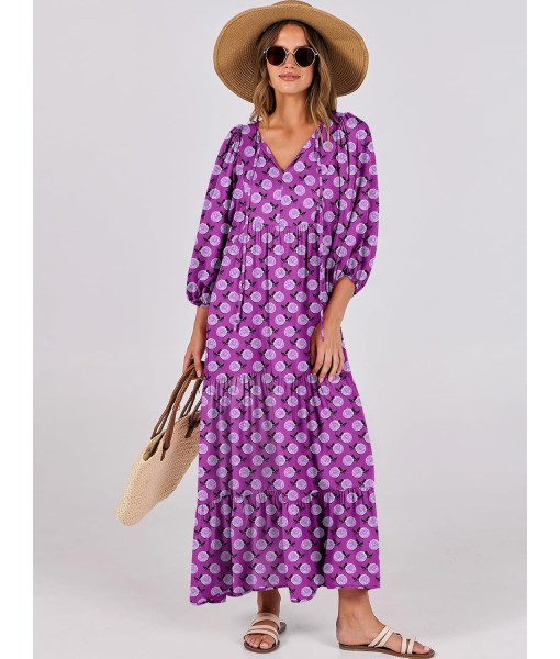 ANRABESS Womens Boho Maxi Dresses 2025 Summer V Neck Puff Sleeve Floral Flowy Swing Fall Casual Long Dress
