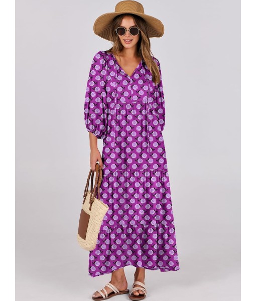 ANRABESS Womens Boho Maxi Dresses 2025 Summer V Neck Puff Sleeve Floral Flowy Swing Fall Casual Long Dress