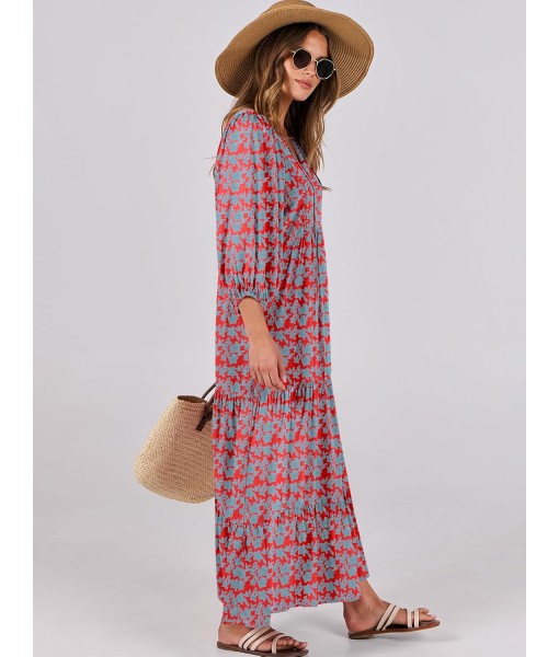 ANRABESS Womens Boho Maxi Dresses 2025 Summer V Neck Puff Sleeve Floral Flowy Swing Fall Casual Long Dress
