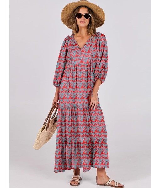 ANRABESS Womens Boho Maxi Dresses 2025 Summer V Neck Puff Sleeve Floral Flowy Swing Fall Casual Long Dress