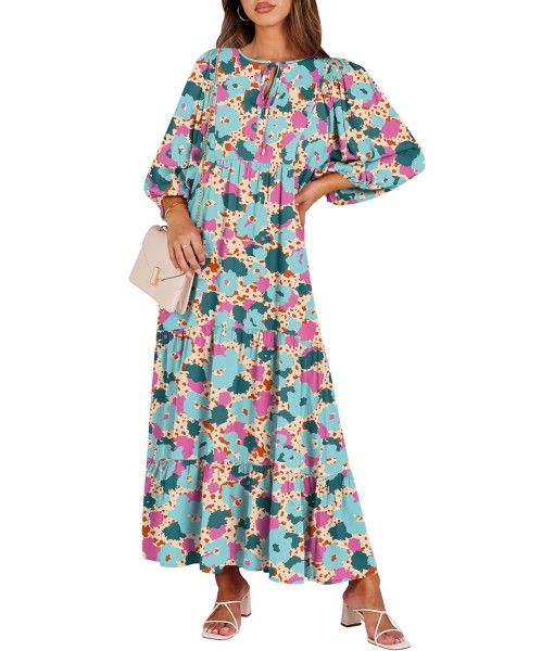 ANRABESS Womens Boho Maxi Dresses 2025 Summer V Neck Puff Sleeve Floral Flowy Swing Fall Casual Long Dress