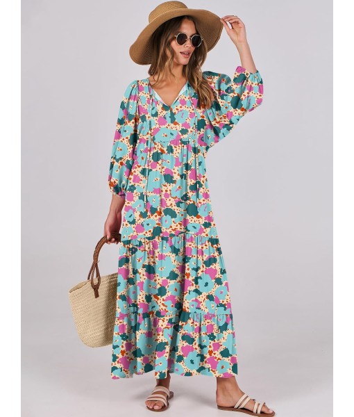 ANRABESS Womens Boho Maxi Dresses 2025 Summer V Neck Puff Sleeve Floral Flowy Swing Fall Casual Long Dress
