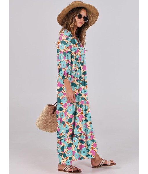 ANRABESS Womens Boho Maxi Dresses 2025 Summer V Neck Puff Sleeve Floral Flowy Swing Fall Casual Long Dress