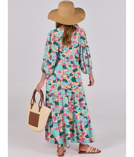 ANRABESS Womens Boho Maxi Dresses 2025 Summer V Neck Puff Sleeve Floral Flowy Swing Fall Casual Long Dress