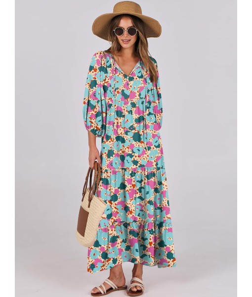 ANRABESS Womens Boho Maxi Dresses 2025 Summer V Neck Puff Sleeve Floral Flowy Swing Fall Casual Long Dress
