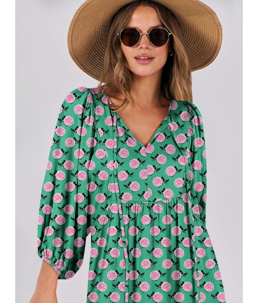 ANRABESS Womens Boho Maxi Dresses 2025 Summer V Neck Puff Sleeve Floral Flowy Swing Fall Casual Long Dress