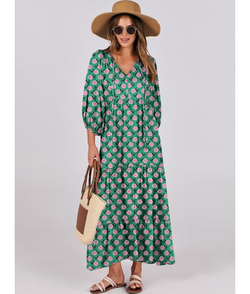 ANRABESS Womens Boho Maxi Dresses 2025 Summer V Neck Puff Sleeve Floral Flowy Swing Fall Casual Long Dress