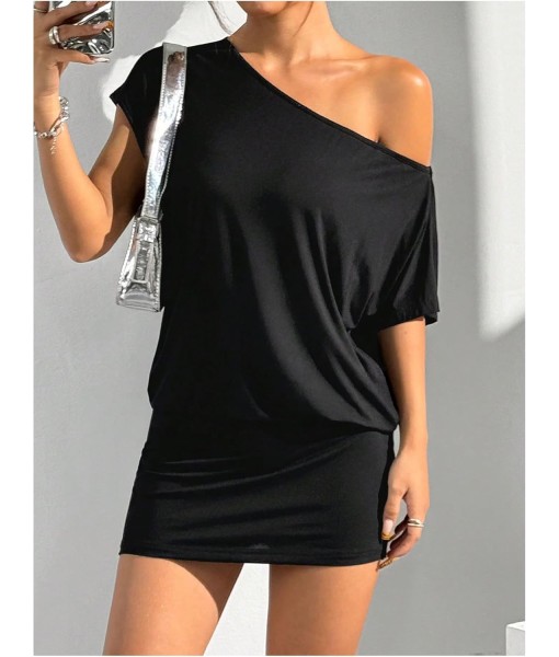 SOLY HUX Women's Off The Shoulder Mini Dress Asymmetrical Neck Short Sleeve Casual Bodycon T Shirt Dresses