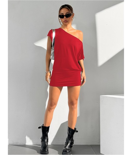 SOLY HUX Women's Off The Shoulder Mini Dress Asymmetrical Neck Short Sleeve Casual Bodycon T Shirt Dresses