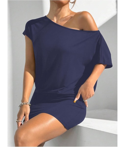 SOLY HUX Women's Off The Shoulder Mini Dress Asymmetrical Neck Short Sleeve Casual Bodycon T Shirt Dresses
