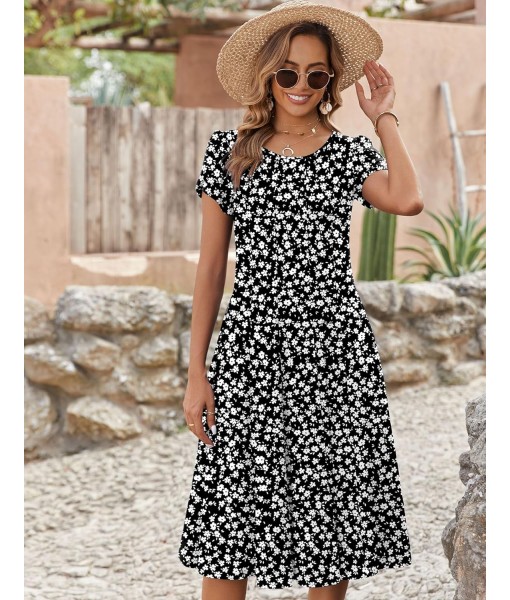Zeagoo Womens Casual Dresses for Summer Short Sleeve Flare Midi Dress Loose Flowy Beach Sundress