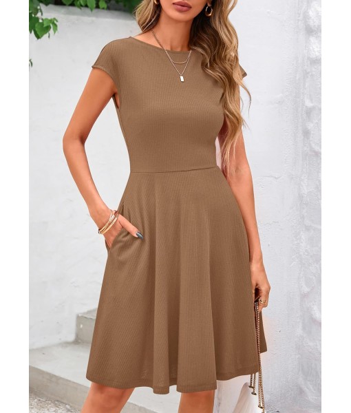 PRETTYGARDEN Womens Short Summer Dress 2025 Crewneck Cap Sleeve Ribbed Knit Casual Flowy A Line Mini Sundresses with Pockets