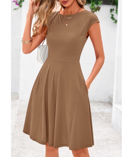 PRETTYGARDEN Womens Short Summer Dress 2025 Crewneck Cap Sleeve Ribbed Knit Casual Flowy A Line Mini Sundresses with Pockets