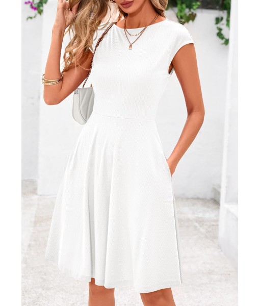 PRETTYGARDEN Womens Short Summer Dress 2025 Crewneck Cap Sleeve Ribbed Knit Casual Flowy A Line Mini Sundresses with Pockets