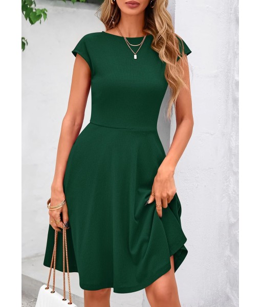 PRETTYGARDEN Womens Short Summer Dress 2025 Crewneck Cap Sleeve Ribbed Knit Casual Flowy A Line Mini Sundresses with Pockets