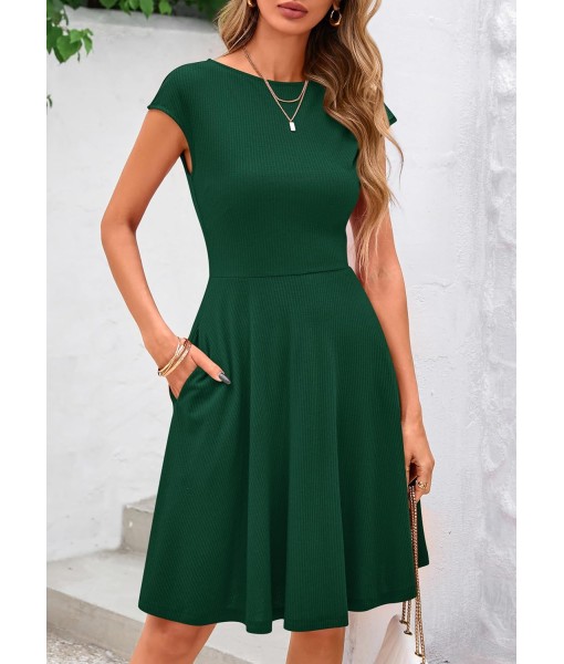 PRETTYGARDEN Womens Short Summer Dress 2025 Crewneck Cap Sleeve Ribbed Knit Casual Flowy A Line Mini Sundresses with Pockets