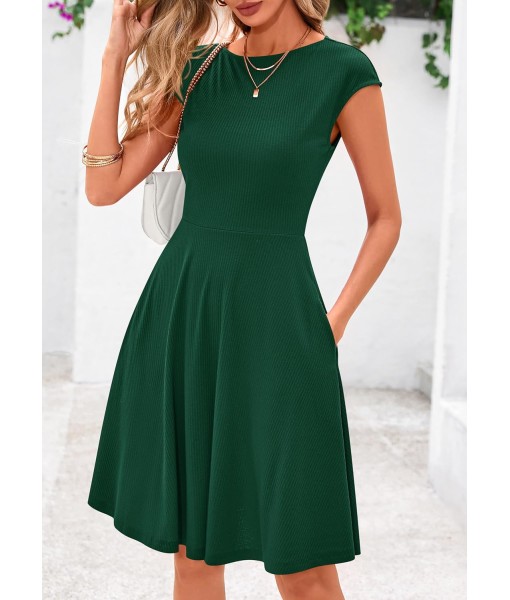 PRETTYGARDEN Womens Short Summer Dress 2025 Crewneck Cap Sleeve Ribbed Knit Casual Flowy A Line Mini Sundresses with Pockets
