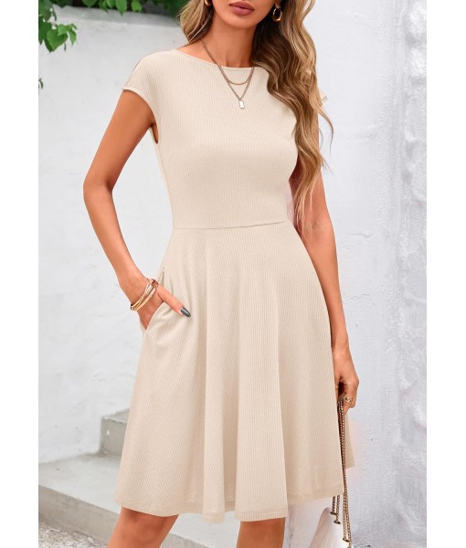 PRETTYGARDEN Womens Short Summer Dress 2025 Crewneck Cap Sleeve Ribbed Knit Casual Flowy A Line Mini Sundresses with Pockets