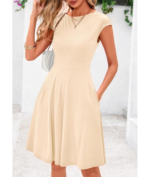 PRETTYGARDEN Womens Short Summer Dress 2025 Crewneck Cap Sleeve Ribbed Knit Casual Flowy A Line Mini Sundresses with Pockets