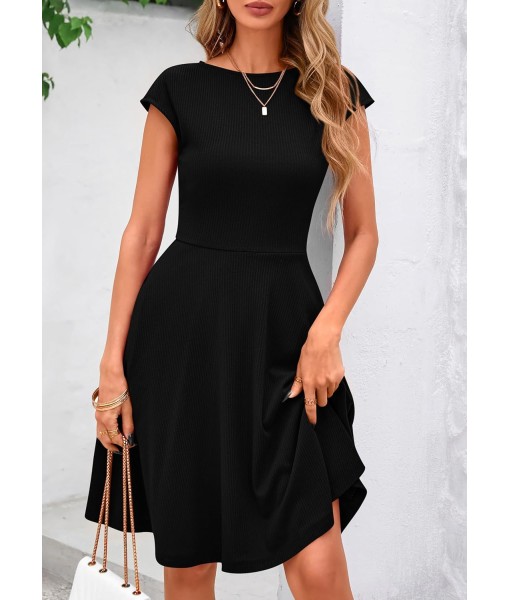 PRETTYGARDEN Womens Short Summer Dress 2025 Crewneck Cap Sleeve Ribbed Knit Casual Flowy A Line Mini Sundresses with Pockets