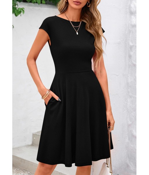 PRETTYGARDEN Womens Short Summer Dress 2025 Crewneck Cap Sleeve Ribbed Knit Casual Flowy A Line Mini Sundresses with Pockets