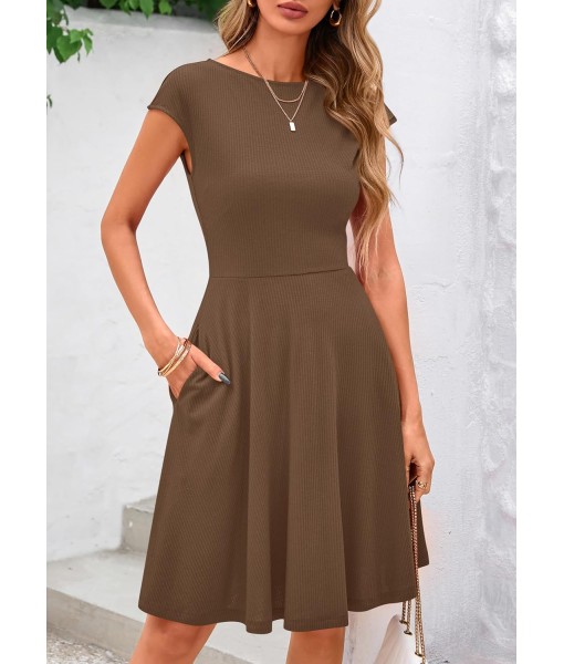 PRETTYGARDEN Womens Short Summer Dress 2025 Crewneck Cap Sleeve Ribbed Knit Casual Flowy A Line Mini Sundresses with Pockets