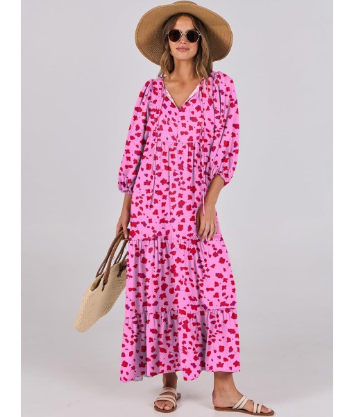 ANRABESS Womens Boho Maxi Dresses 2025 Summer V Neck Puff Sleeve Floral Flowy Swing Fall Casual Long Dress