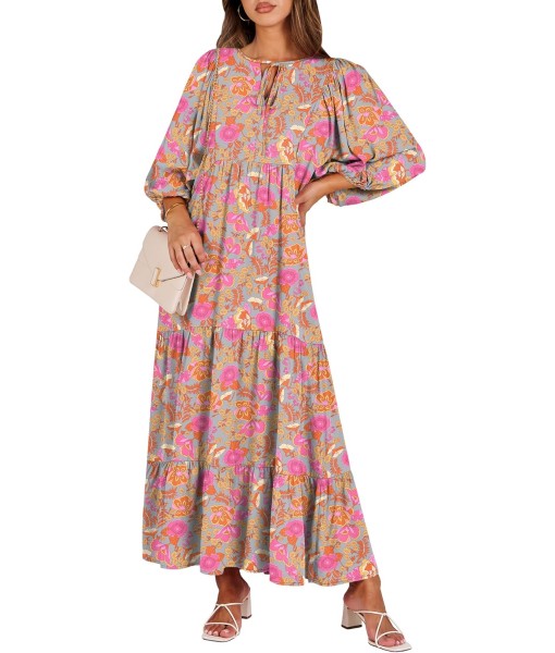 ANRABESS Womens Boho Maxi Dresses 2025 Summer V Neck Puff Sleeve Floral Flowy Swing Fall Casual Long Dress