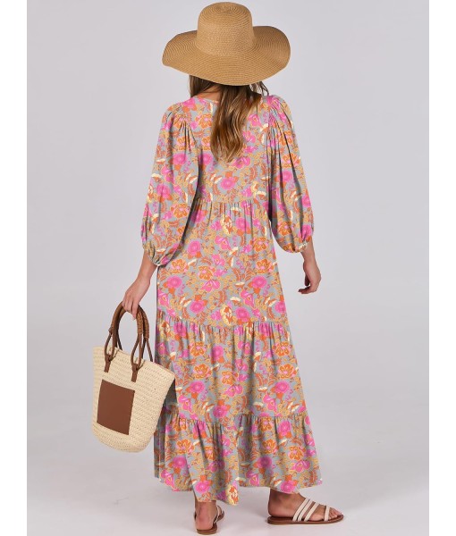 ANRABESS Womens Boho Maxi Dresses 2025 Summer V Neck Puff Sleeve Floral Flowy Swing Fall Casual Long Dress
