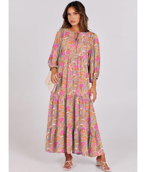 ANRABESS Womens Boho Maxi Dresses 2025 Summer V Neck Puff Sleeve Floral Flowy Swing Fall Casual Long Dress