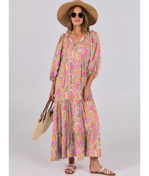ANRABESS Womens Boho Maxi Dresses 2025 Summer V Neck Puff Sleeve Floral Flowy Swing Fall Casual Long Dress